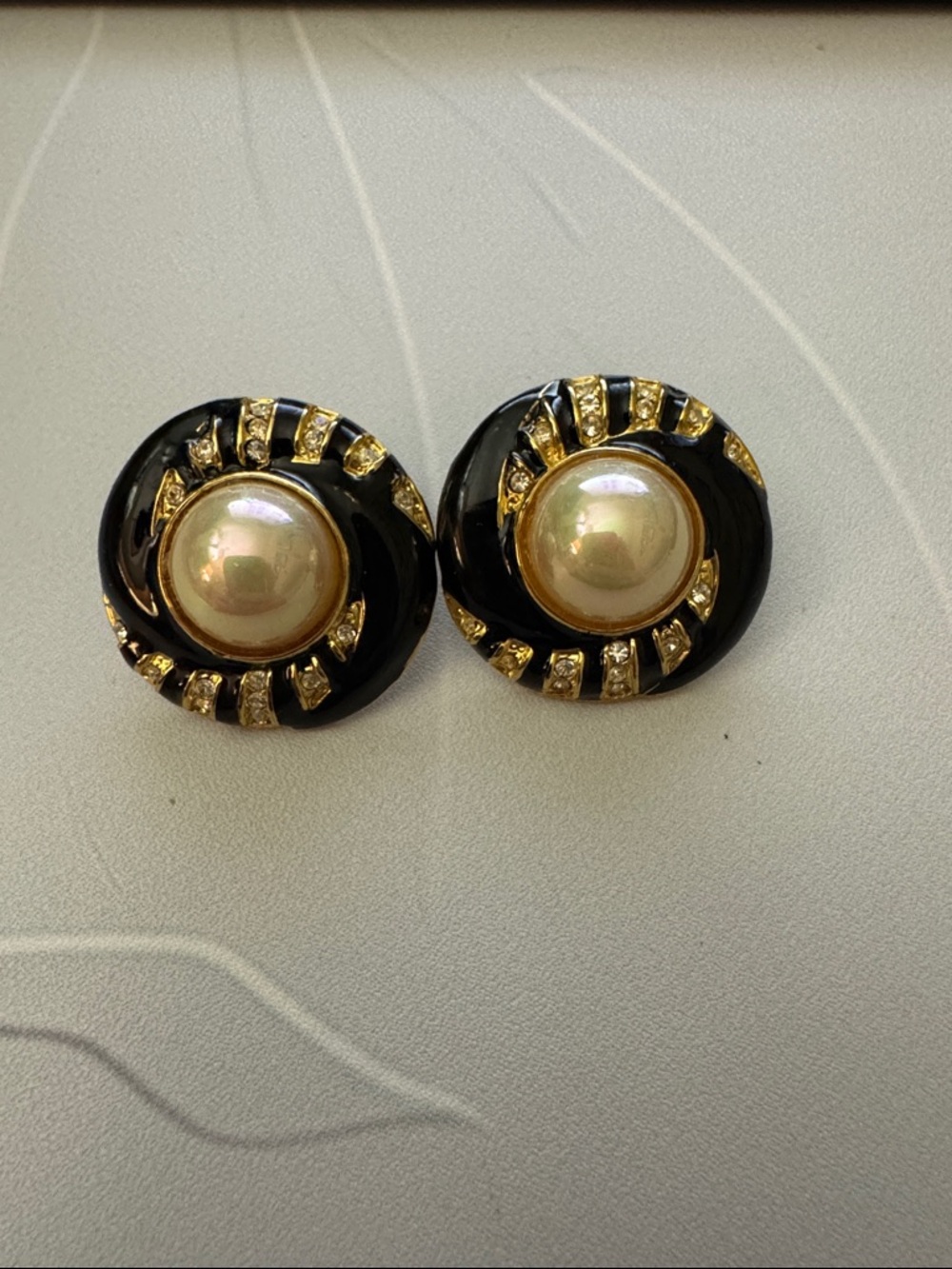 Black Enamel and Gold Pearl Accent Post Earrings - Women Jewelry